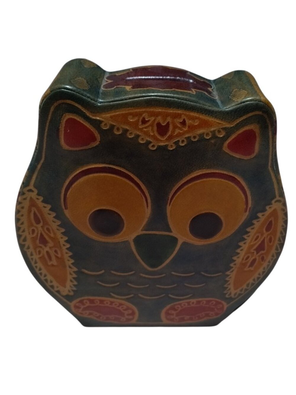 Embossed Leather Owl Piggy Coin Bank Snap Closure Folk Art Vintage Colorful